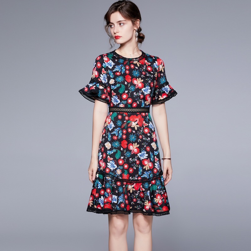 elegant floral printed patchwork hollow out high waist flare short sleeve o-neck summermermaid knee length dresses women 210421