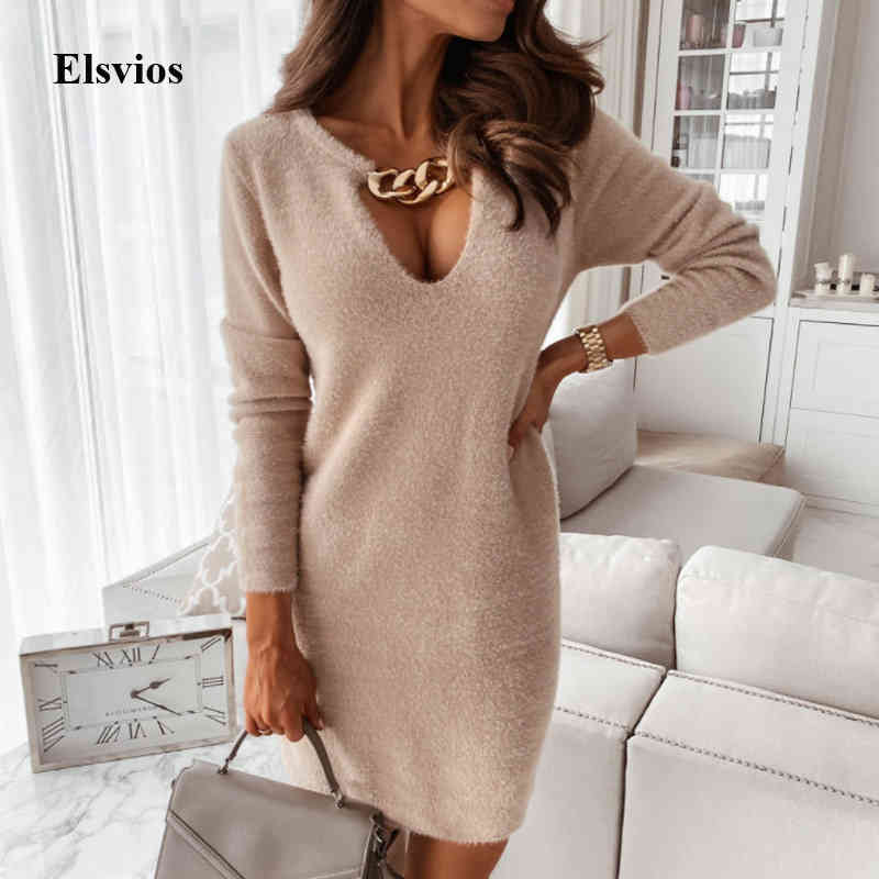 Casual Dresses Women Autumn Winter Fleece Warm Long Sleeve Slim Mini Sexy solid V Neck Chain Necklace Party Vestidos R95F, Khaki 
Casual Dresses Women Autumn Winter Fleece Warm Long Sleeve Slim Mini Sexy solid V Neck Chain Necklace Party Vestidos R95F, Khaki