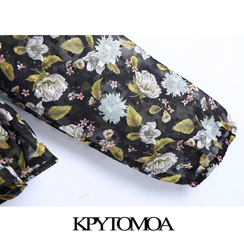 Women Fashion Semi-sheer Floral Print Ruffled Blouses Long Sleeve Elastic Waist Female Shirts Chic Tops 210420