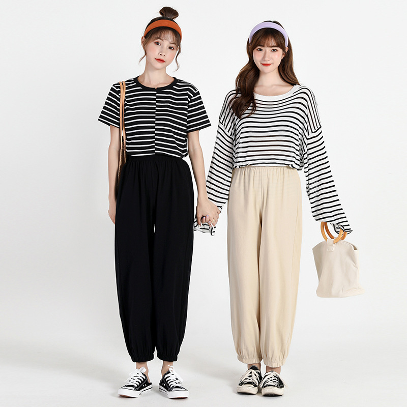 Summer Cotton and Linen Knickerbockers Women's Casual Sports Thin Radish Loose Solid Elastic Waist Harem Pants 210428