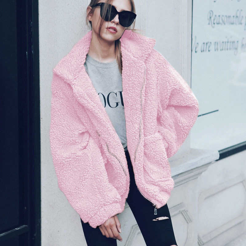 Elegant Faux Fur Coat Women Autumn Winter Thick Warm Soft Fleece Jacket Female Pocket Zipper Overcoat Bear Teddy Coat 3XL 211019