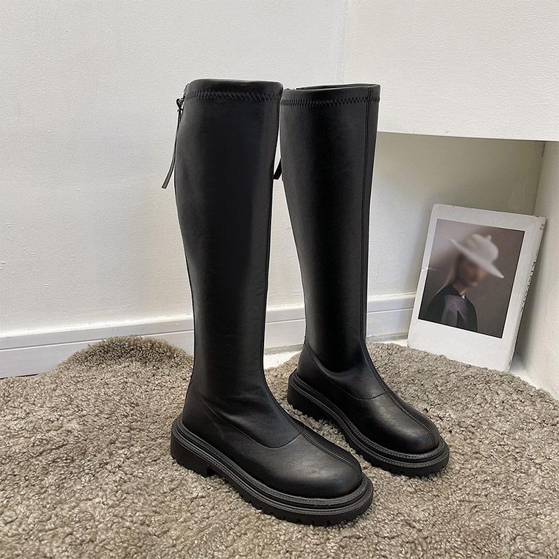 Boots 2021 Woman's High Fashion Knee Slim Thick Sole Pu Ladies Flat Heels Woman Shoe Platform Female Shoes Autumn