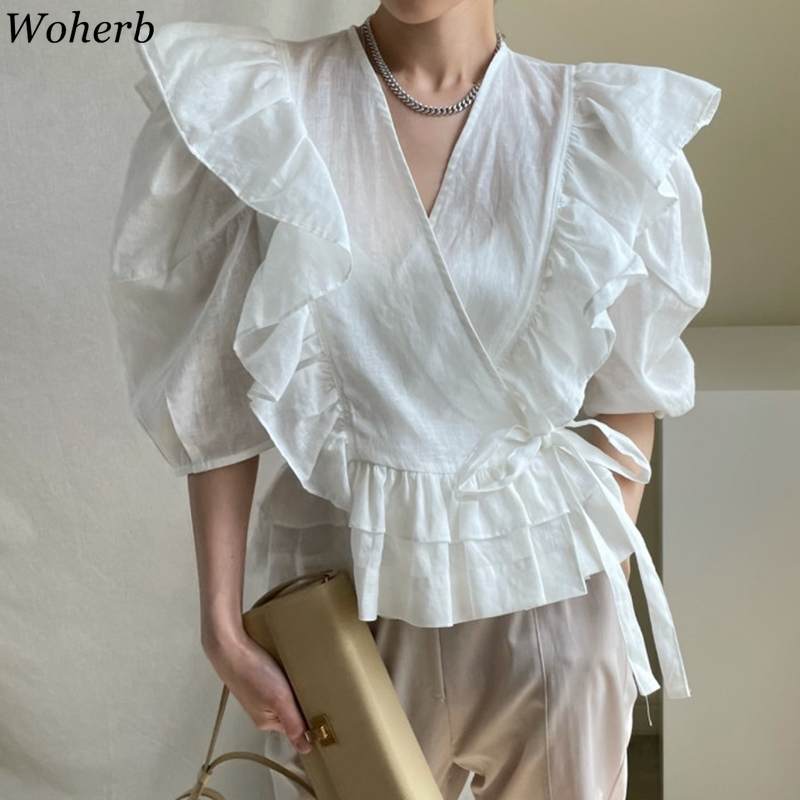 Women Blouse Vintage Temperament Blusas V-neck Ruffles Patchwork Fashion Shirts Lace-up Slim Waist Puff Short Sleeve Tops 210519