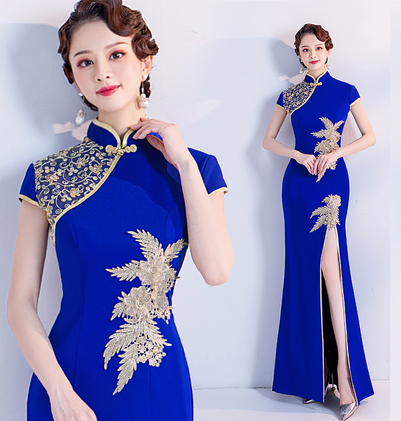 Blue Classic Thigh-High Slits Cheongsam High Collar Short Capped Sleeves Embroidery Oriental Women Dresses Chinese QIPAO от DHgate WW