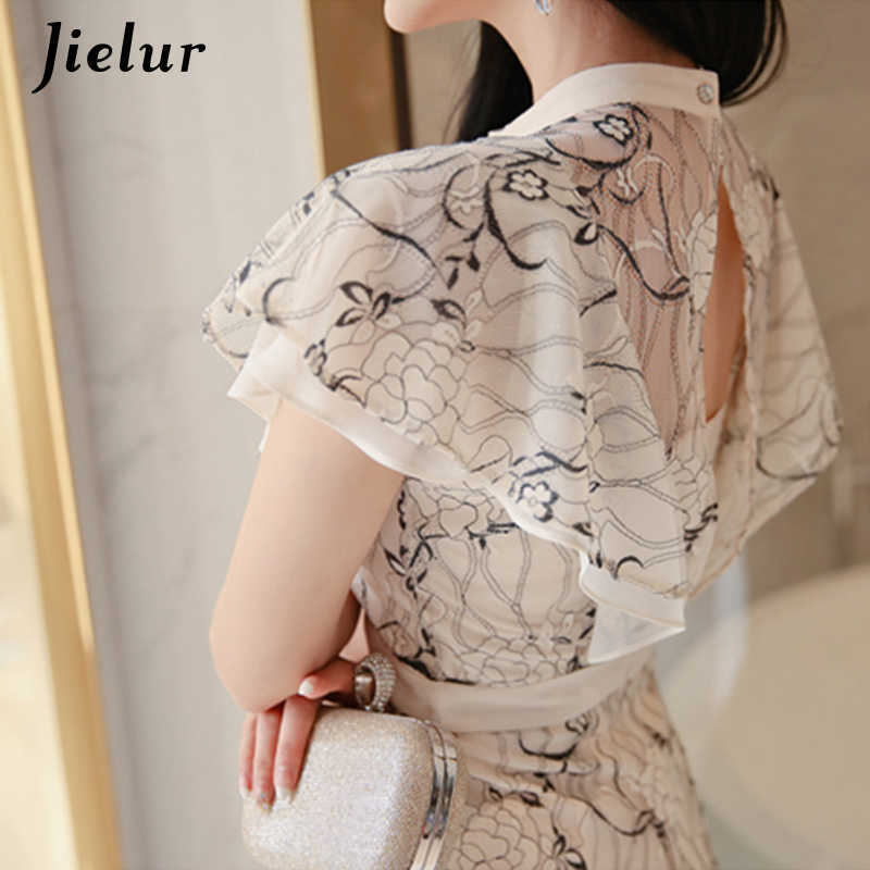 Jielur Vintage Woman Dress Sexy Lace Floral Printed Fashion Chic Satin Korean Vestidos Casual Fashion Summer Elegant Dress 210630