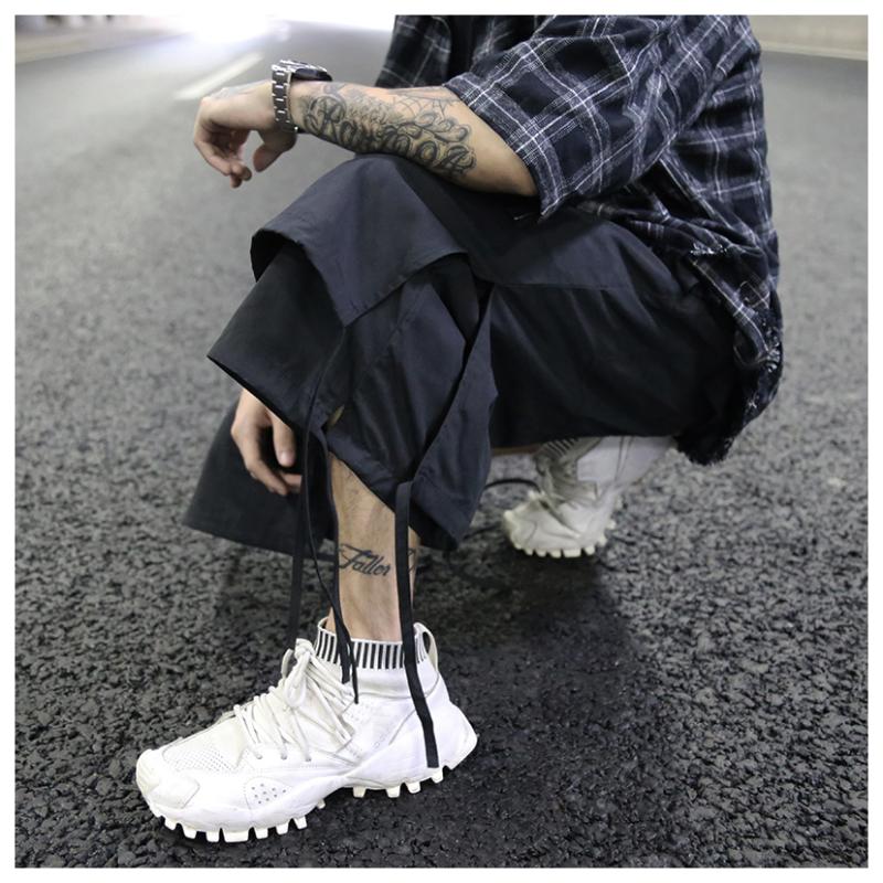 European And American High Street Dark Fan Can Tie Ribbons Layered Stitching Slits Loose Casual Six-point Wide Pants Men's