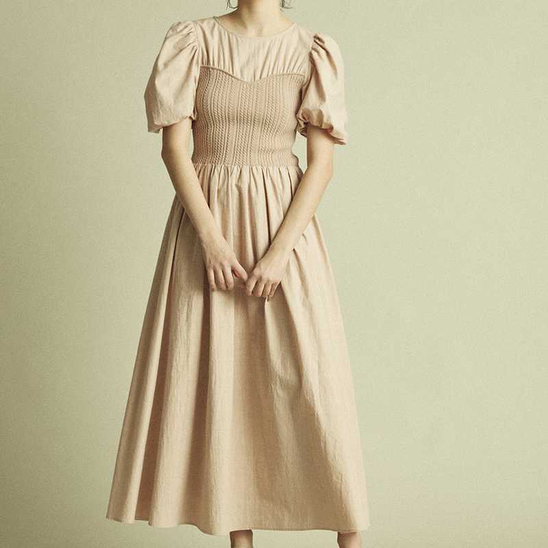 Summer Elegant Puff Sleeve Knit Patchwork Dresses for Women High Waist Silm Vestido Feminino Fashion Office Lady 210525