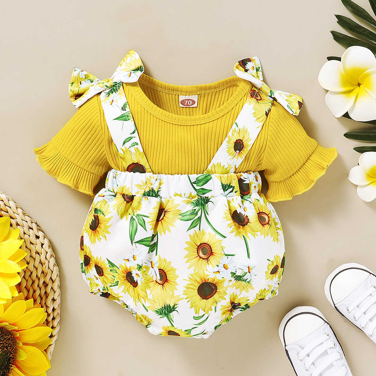 Baby Sunflower Outfit Korean Girl Clothes born Knitted Bloomers Kids Girls Outfits 210529