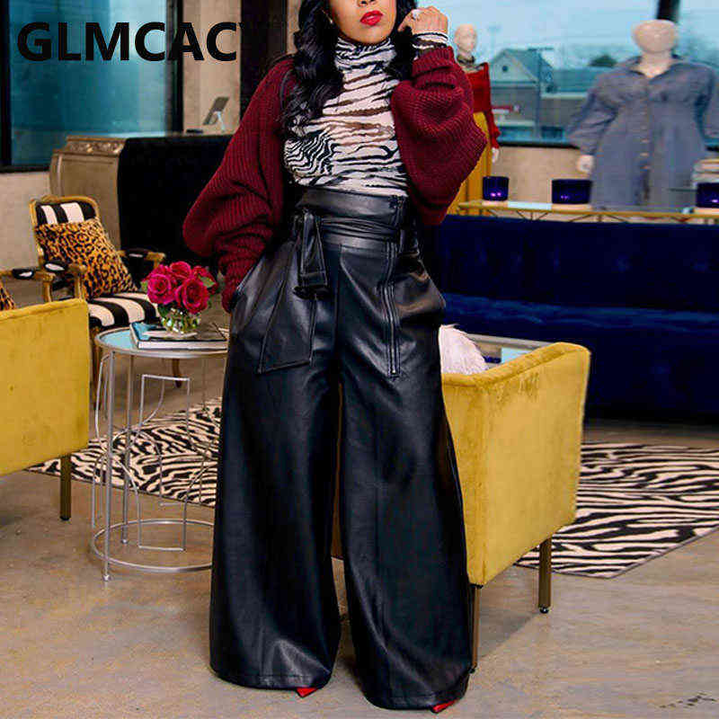 Women High Waist PU Leather Pants Classy Wide Leg Trousers 211115