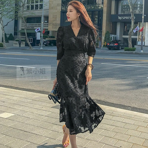 Korea Women Party Dress Spring fashion Office OL chiffon Half Sleeve Ruffles Bodycon Mermaid Midi 210519