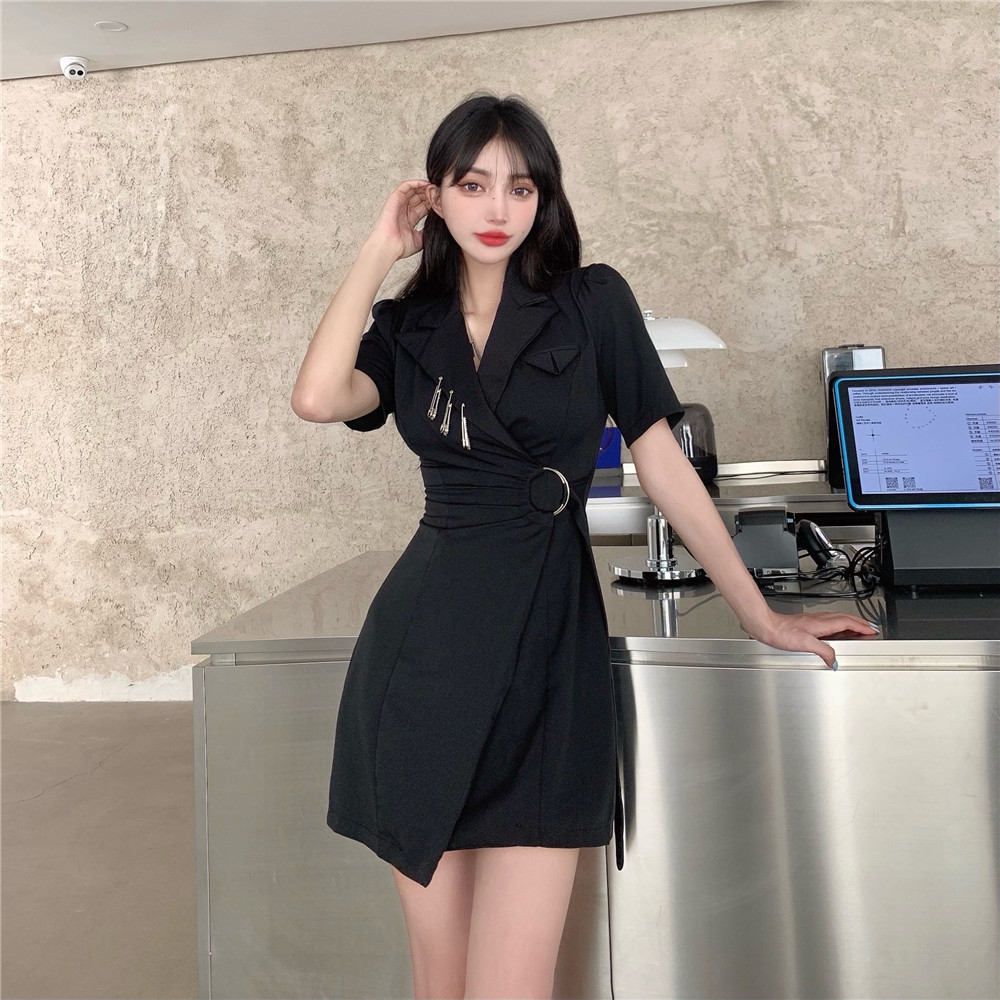 Summer Elegant Women's Dresses Retro Solid Color Lace-up Slim Dress Notched Collar Short Sleeve Mini Female 210519