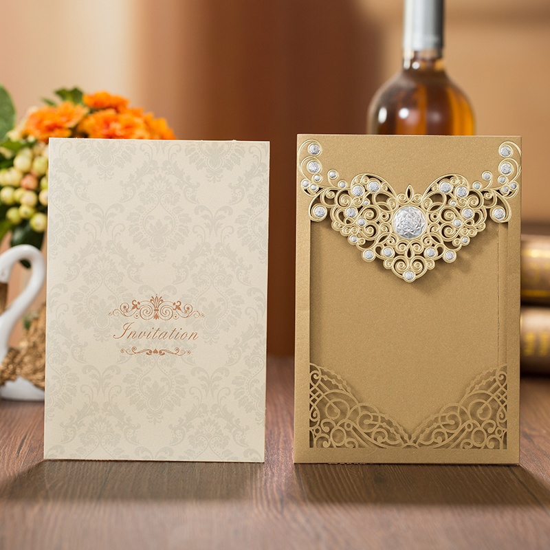 2021 Red Gold Laser Cut Crown Flora Wedding Invitations Card Greeting Cards Wedding Event Party Decoration with inner sheet and envelope