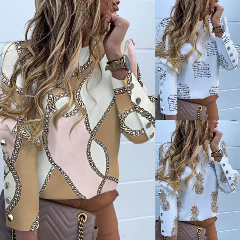 Work Wear Women Blouses Long Sleeve Back Metal Buttons Shirt Casual O Neck Printed Plus Size Tops Fall Blouse Drop Shipping 210419