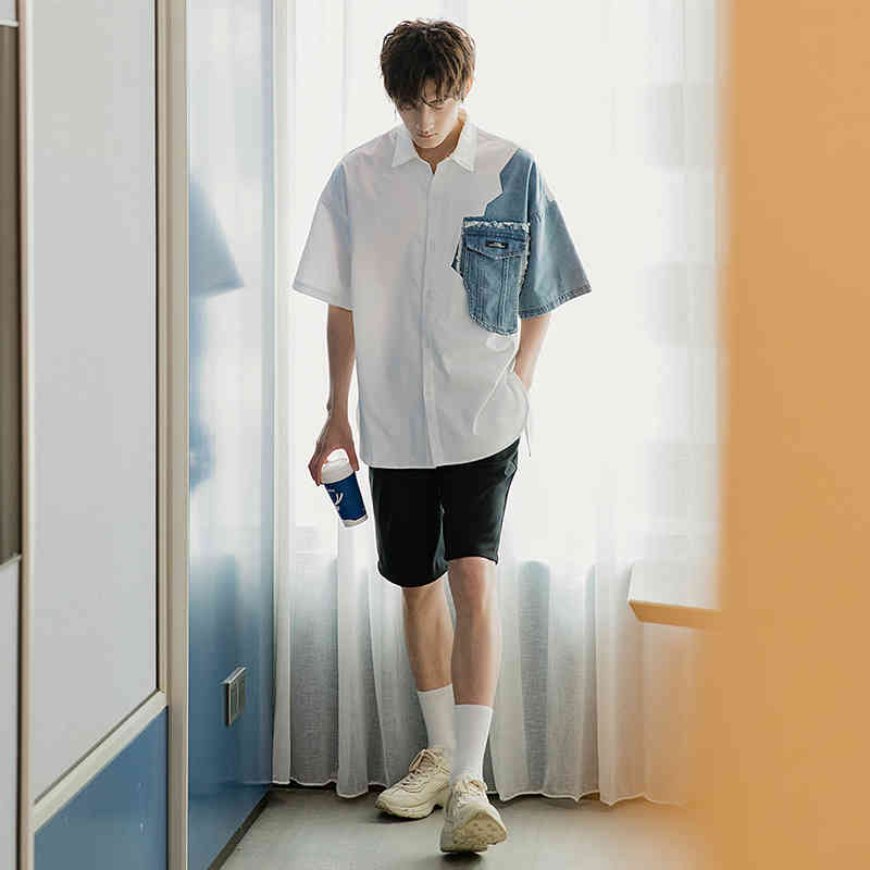 IEFB men's wear color block patchwork white shirt for male fashion loose long sleeve korean shirt vintage streetwear 9Y2453 210524