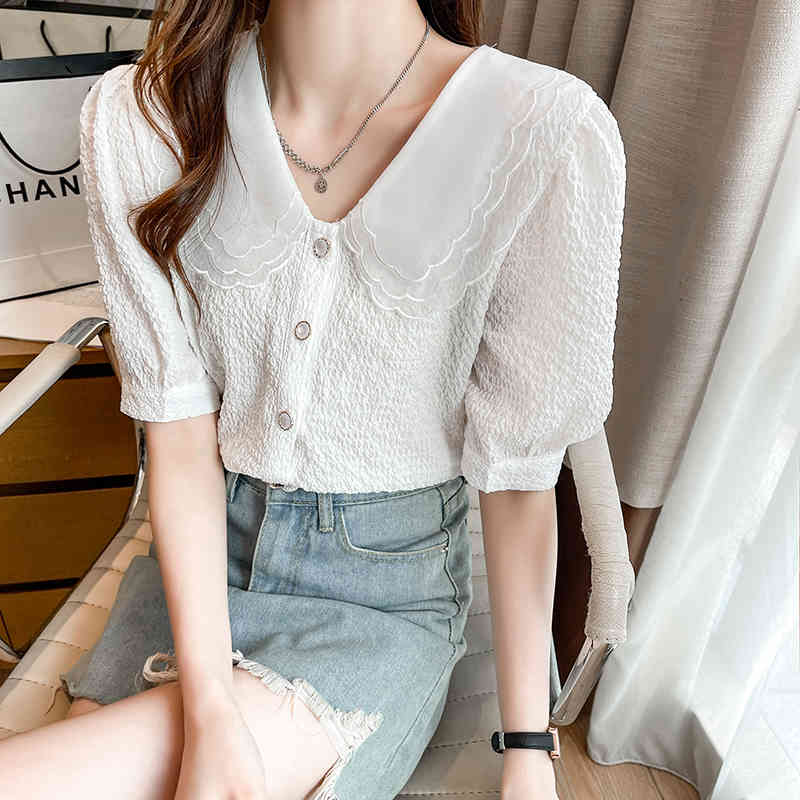 QOERLIN Blusas Mujer De Moda Double Layer Collar Elegant Shirts Turn Down Collar Puff Sleeve Blouse Korean Clothes Women Tops 210412