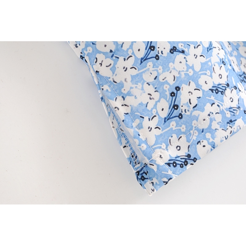 Chinese Style Elegant Pearl Buttons Blue Floral Print Dress Short Sleeve Side Slit Woman Cheongsam Dresses Summer 210429