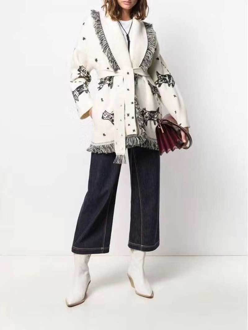 Inspired Wool Cashmere Cardigan embroidery animals belted White Women Sweaters Cardigans Sweatercoats autumn witner warm 210412
