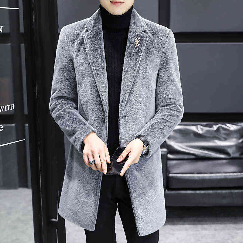 Autumn Winter Woolen Coat Men's Mid-length Korean Slim-fit Casual Business Trench Windbreaker Men Social Streetwear Overcoat 211122