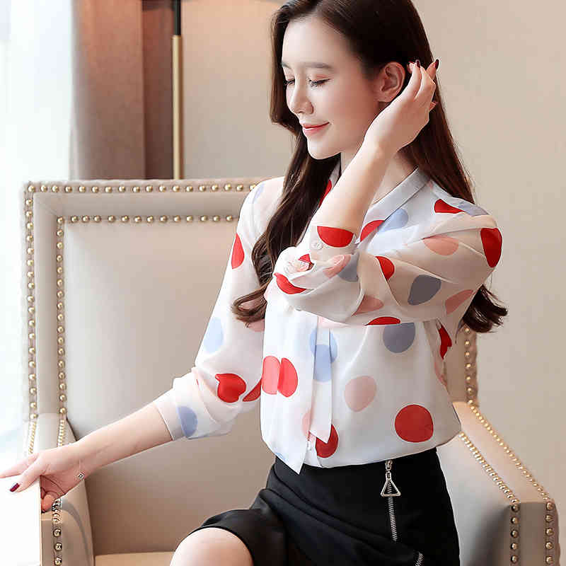 Spring Fashion Women Tops Carrot Color Sweet Dot Blouses Chiffon Long Sleeve Shirt Blusas Mujer De Moda Bow 8364 210518