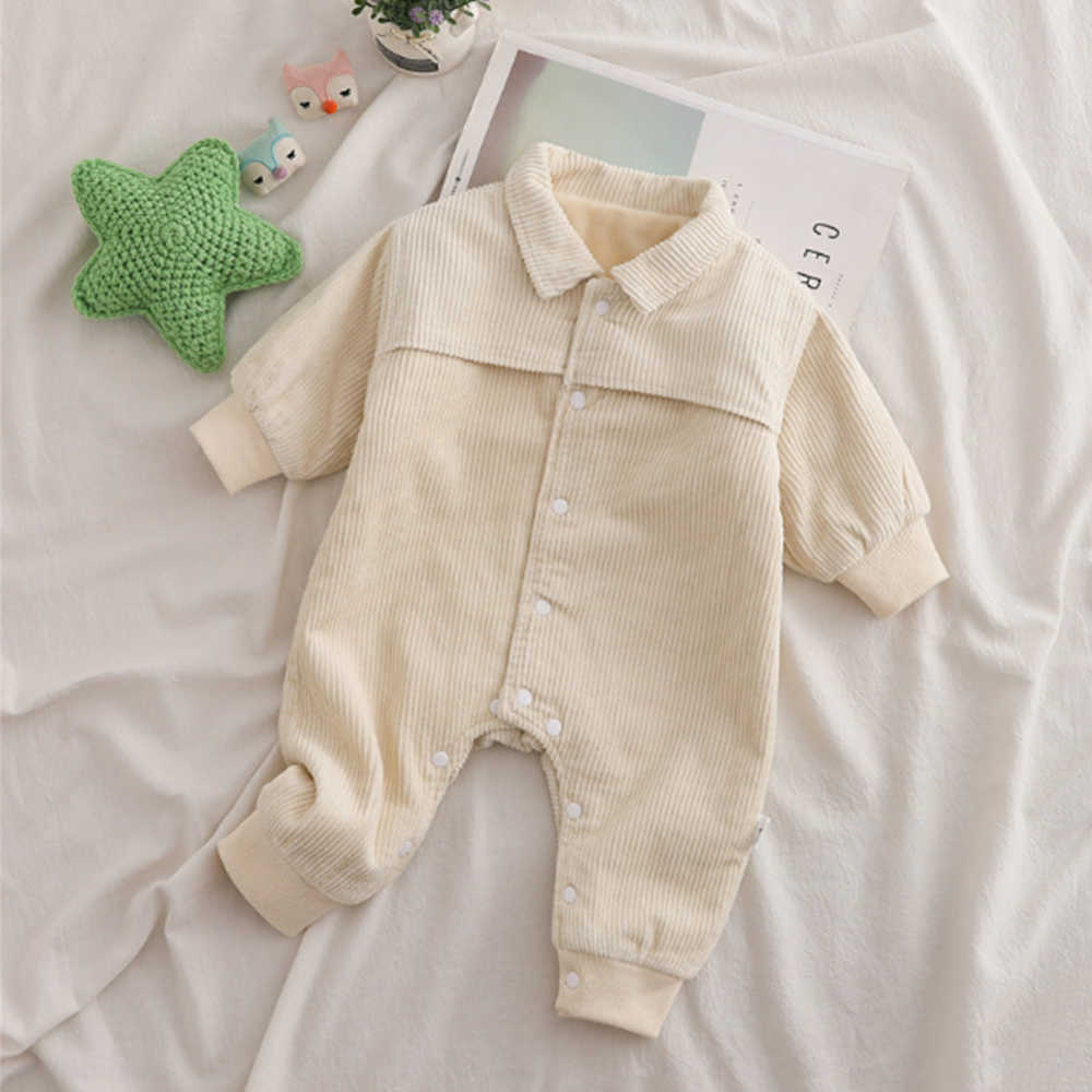 Mudkingdom Winter Baby Romper Corduroy Collared Fleece Lined Jumpsuits Clothes 210615