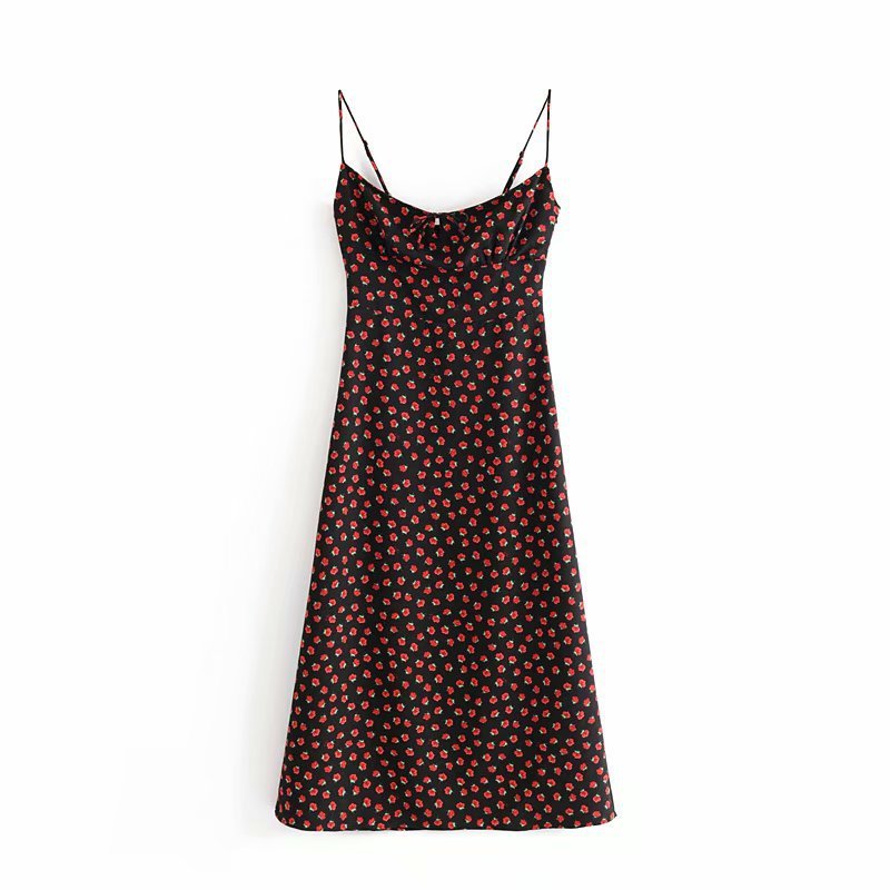 Floral Retro midi dress sleeveless backless Spaghetti Straps beach long dress Vintage bohemian black red rose floral dress women 210409