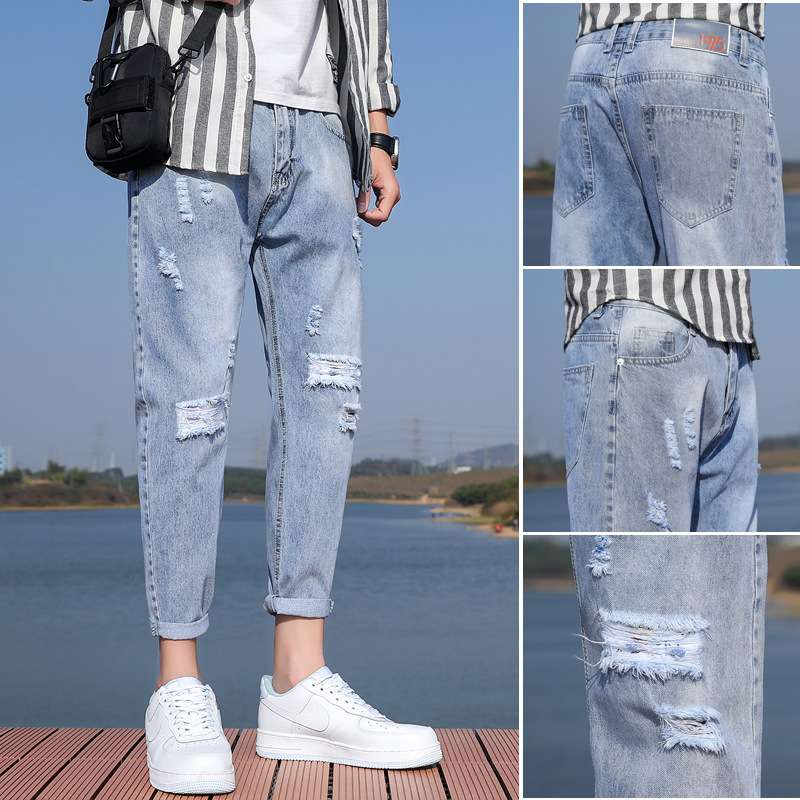 Jeans men's Korean casual denim cropped trousers summer thin trend light-colored ripped mid-rise pants
Jeans men's Korean casual denim cropped trousers summer thin trend light-colored ripped mid-rise pants