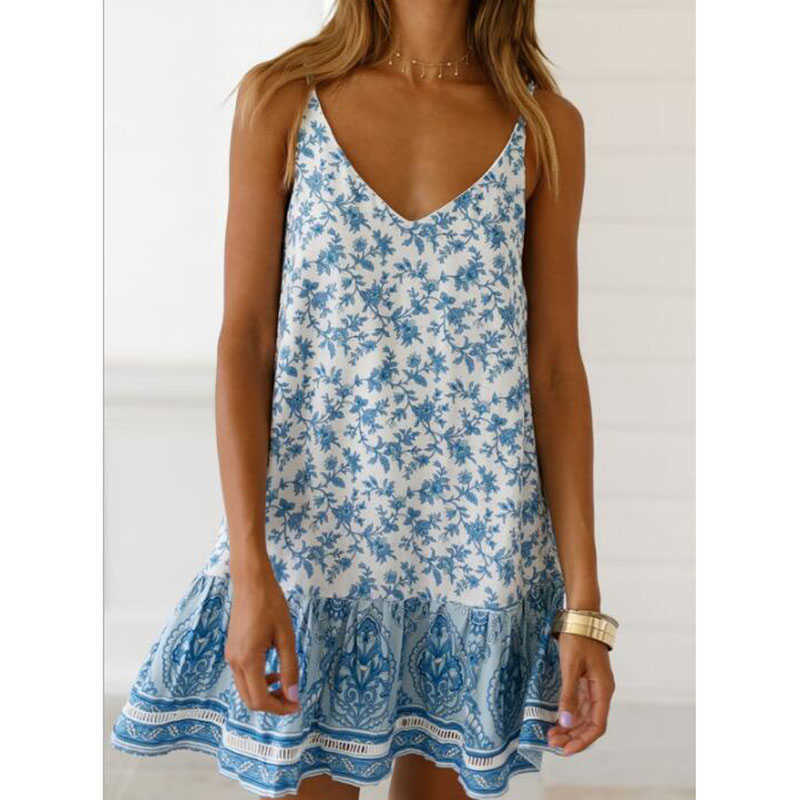 Summer Holiday Dress Floral Print Women Sexy Beach Dress Boho Party Mini Dress V-Neck Spaghetti Strap Femme Robe G1266 210630
