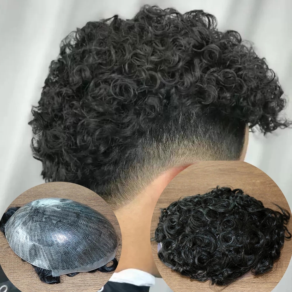 Men's Wig 20MM Curly Machine Injected Technical Skin Base Human Hair Toupee Replacement System Full Machine #1B Color 8x10inch