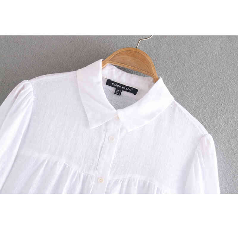 Women's Lapel Long-sleeve Linen Shirt with Bubble Sleeves Overlay Flared Loose Seams on The White Shirt Female 210507