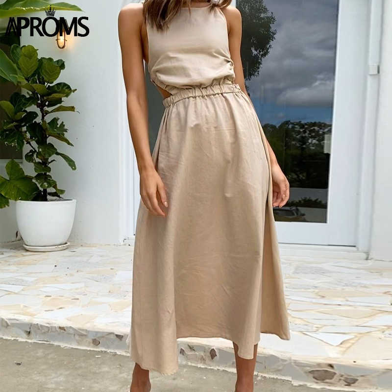 Aproms Elegant Cotton Linen Midi Dress Women Summer Fashion Sundresses Lady Casual Backless Crossover Basic A-line Dresses 210630