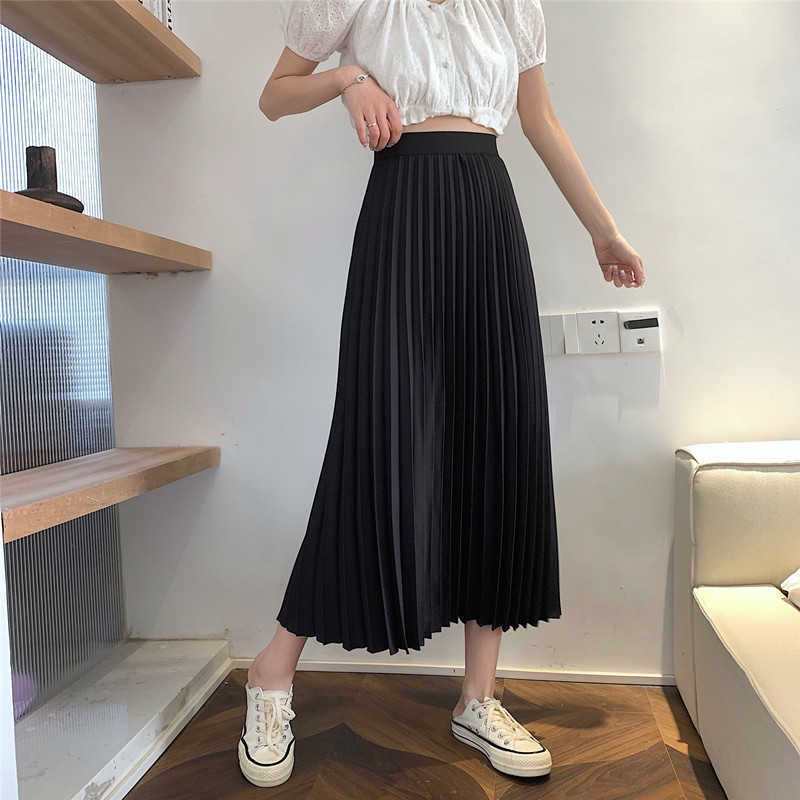 Summer Women Draped Rib Pleated Skirt Elastic High Waist Long Female Autumn Ladies Quality Midi Saia 210619