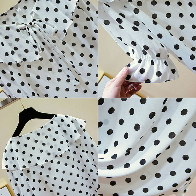 Summer Women Shirt Plus Size Half Sleeve Polka Dot Print Chiffon Shirts Sweet Cute Peter Pan Collar Ruffles Blouse D24 210512