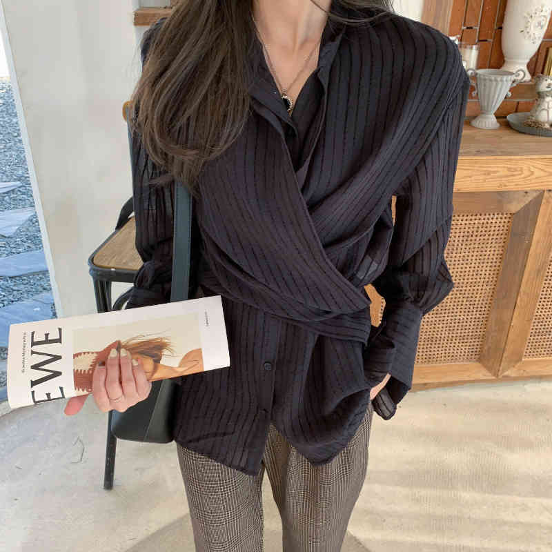 Minimalist Cross Waist Stripe Chiffon Blouse Women's Spring Laple Loose Long Sleeve Shirt Female Tide 5C394 210427