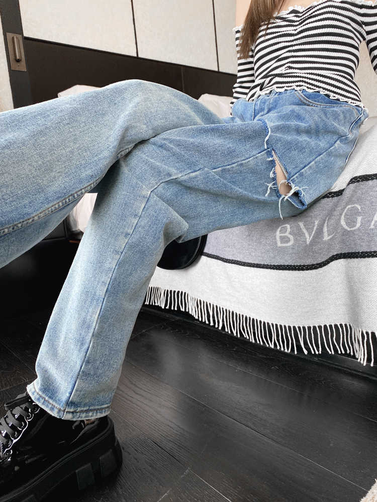 High Waist Women Ripped Jeans Straight Casual Streetwear Spring Fashion Iong Pants Baggy Blue Versatile Denim Trouser 210922