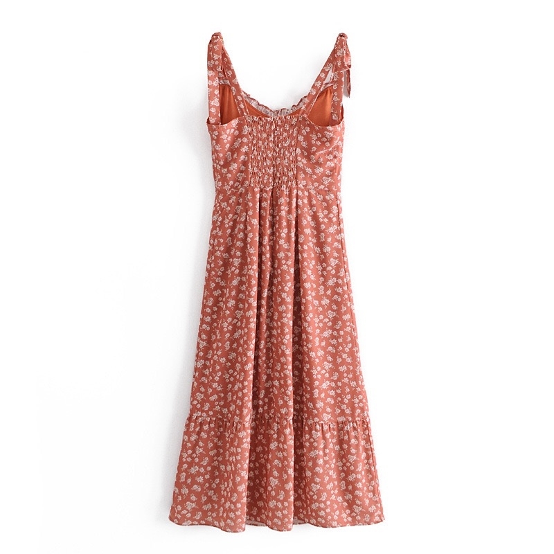 Vintage French Floral Print Hem Split Midi Tank Dress Sexy Women Spliced Wood ears Adjust Tie Bow Strap Dresses Vestido 210429