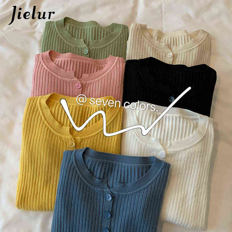 Jielur Sweater Women Solid Color O-neck Pullovers Basic Primer Pull Femme Button Chic Jumper Soft Slim Autumn Knitted Sweaters 211109