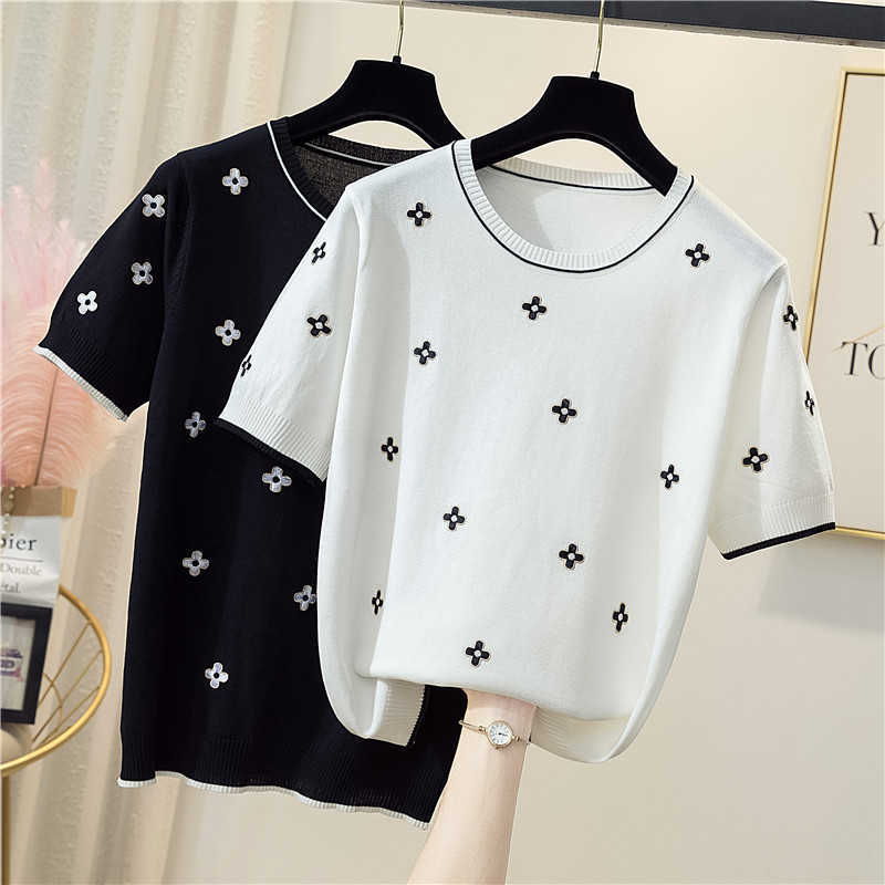 Pure cotton T-shirt women summer O-neck pullover Flower knitwear plus size casual sweater short-sleeved tees 210604, Black
Pure cotton T-shirt women summer O-neck pullover Flower knitwear plus size casual sweater short-sleeved tees 210604, Black