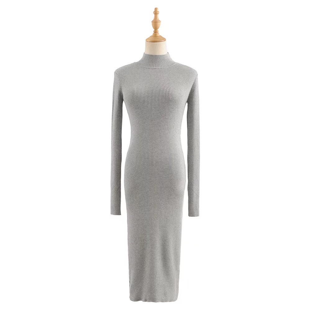 Vintage Rib Knitting Bodycon Mid-calf Sexy Dress Retro Women Stand Color Stretch Long Sleeve Dresses 210429