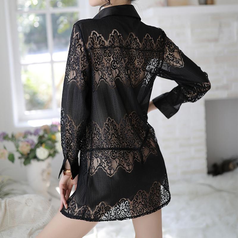 Women's Sleepwear Home Clothes See Through Lace Nightie Long Sleeve V-neck Night Dress Women Nightgown Sexy Lingerie