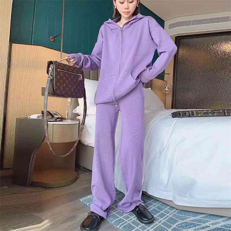 Fashion Solid Knitted 2-Piece Suits Women Double Dlider Zipper Hooded Cardigan Basic Straight Leg Trousers Spring Sets 210522