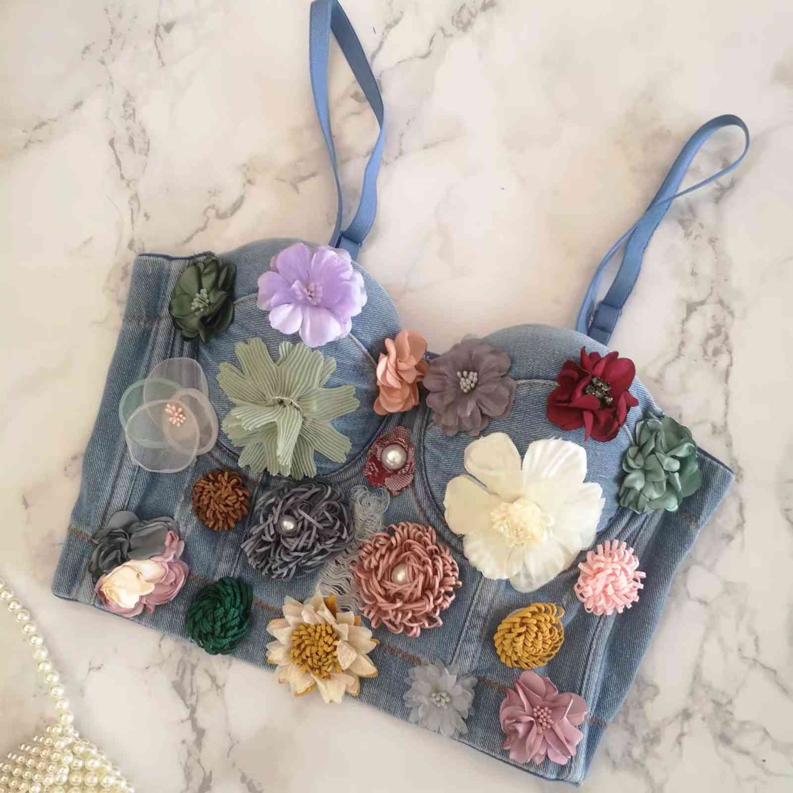 Applique Floral Corselets Women's Bachelorette Bustier Denim Bra Cropped Top Wedding Bralette Vest Plus Size ropa mujer 210421