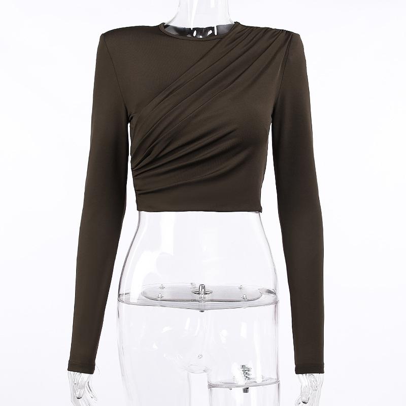 Women's T-Shirt Shoulder Padded Shrug T Shirt Women Brown Autumn Winter Turtleneck Elegant Fashion Basic Solid Long Sleeve Crop Tops