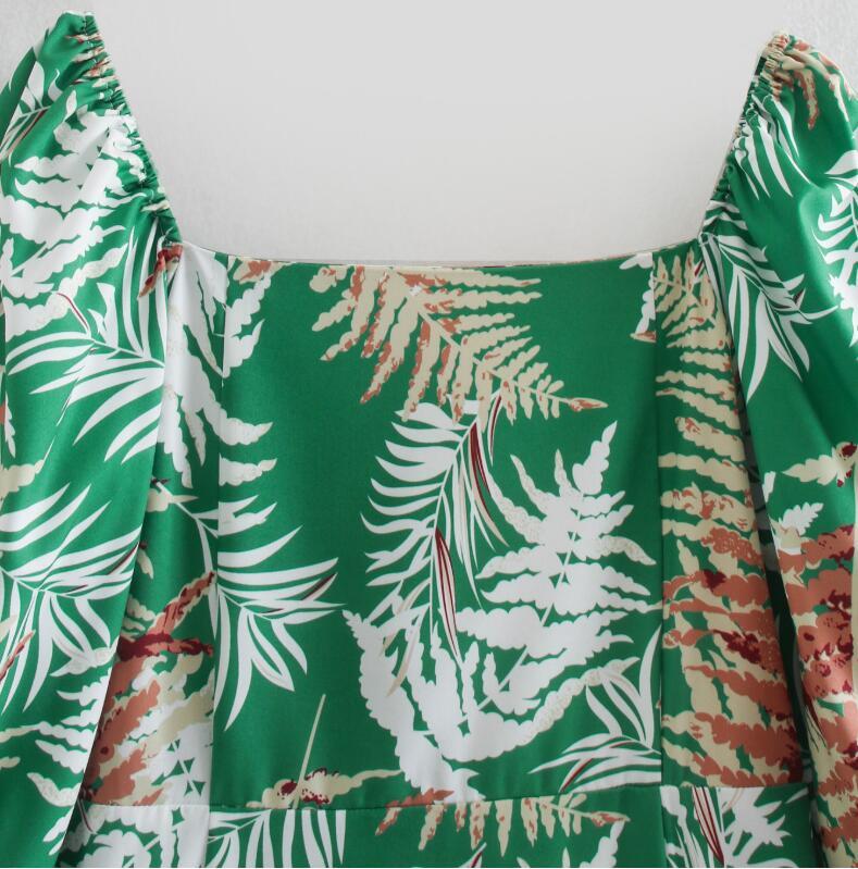 Holiday Green Tropical style Leaves Print Long Sleeve Dress Retro Elegant Women Square Collar A line Short Dresses Vestido 210429