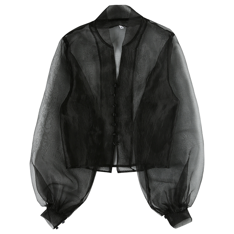 Nomikuma Sexy Perspective Mesh Women Blouse Puff Sleeve Stand Neck Shirt New See Through Chiffon Blusas Feminimos 6D949 210427