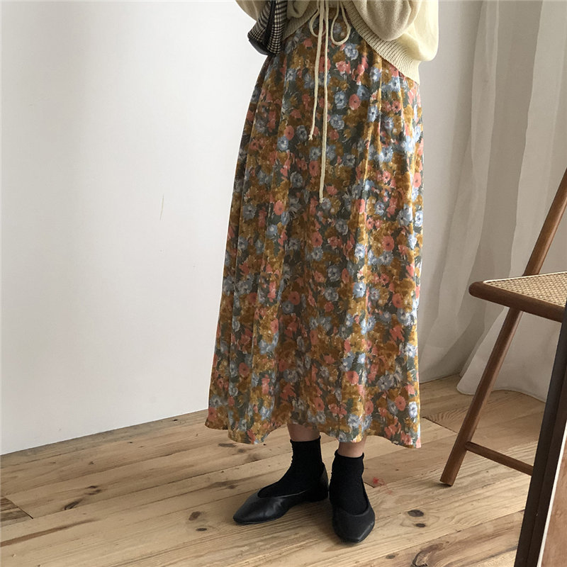 Feminine Fresh Print Florals High Waist Sweet Chic Slim Girls Elegance All Match Streetwear Women A-Line Skirts 210421