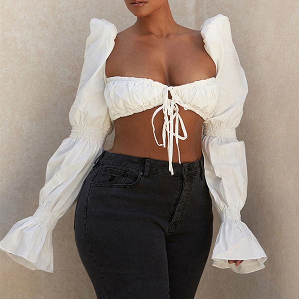 Women Flare Long Sleeve Tie Front Blouse Elegant Shirt Sexy Backless Shirred White Crop Tops Female Casual Blusas 210428