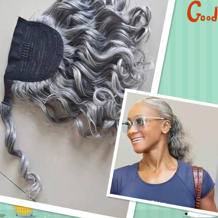 Hot Salt&pepper wavy silver grey hair ponytail for black women short custom two tone gray loose wave natural hairpiece 10-20inch 100g 120g 140g