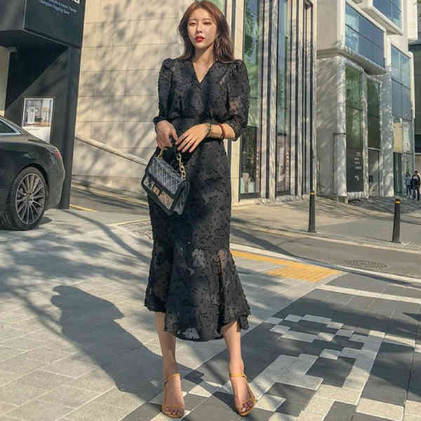 Korea Women Party Dress Spring fashion Office OL chiffon Half Sleeve Ruffles Bodycon Mermaid Midi 210519