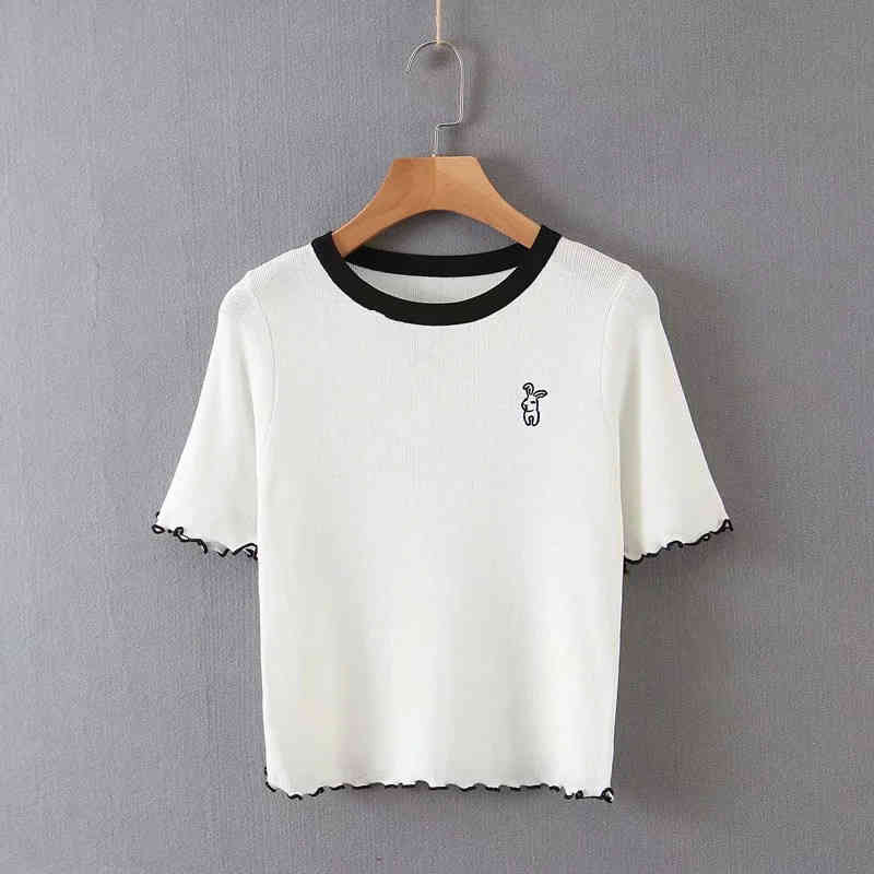 Spring-Summer Casual Knitted Four Color Short T-shirt Women Rabbit Embroidery Sleeve Knit Shirt Female Solid Tee 210421