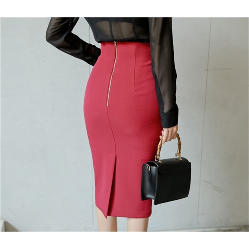 Women Autumn Office OL Work Wear 2 Pieces Set Sexy See Through Black Blouse Top + High Waist Red Pencil Bodycon Skirt 210519